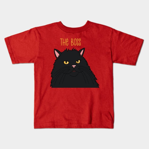 The black cat is the Boss . Dark longhaired cat queen with a serious look. Kids T-Shirt by marina63